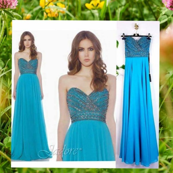 $499 NWT JADORE XS Blue Turquoise Chiffon Empire  Beaded Off-Shoulder Gown Flowy - Picture 1 of 12